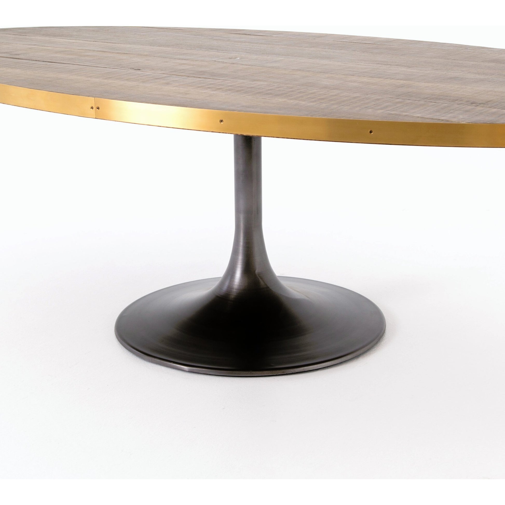 Evans Oval Dining Table by Four Hands in reclaimed burnt oak, vessel grey, polished brass. Made from solid reclaimed oak, iron, stainless steel in a modern style.