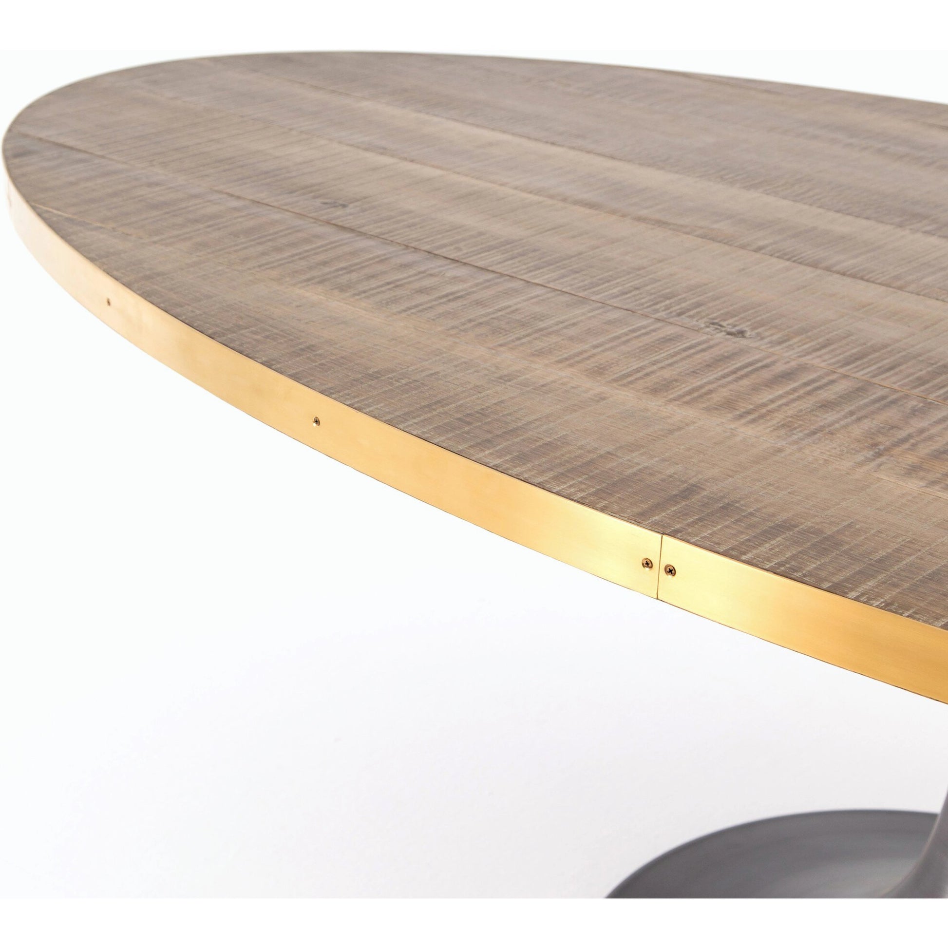 Evans Oval Dining Table by Four Hands in reclaimed burnt oak, vessel grey, polished brass. Made from solid reclaimed oak, iron, stainless steel in a modern style.