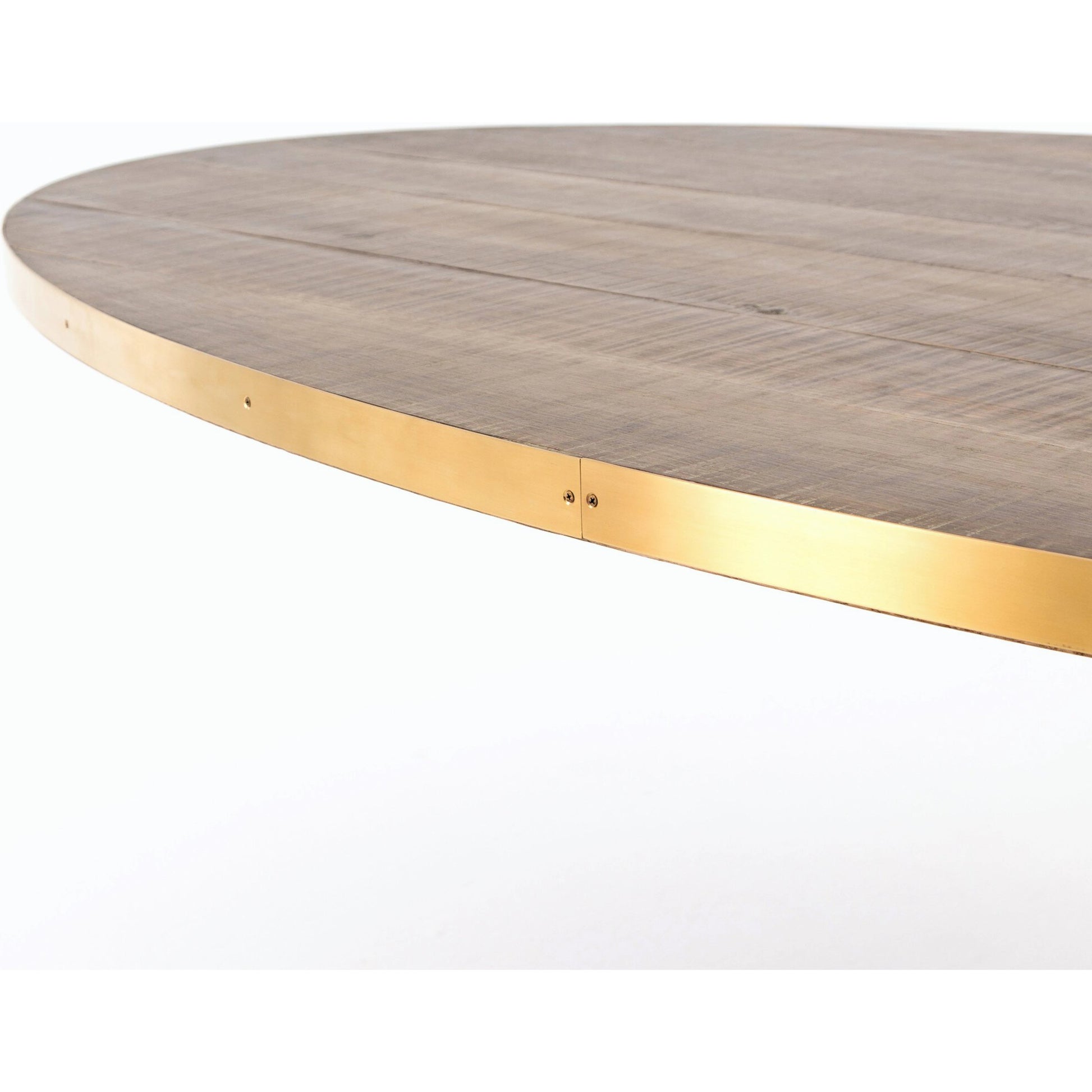 Evans Oval Dining Table by Four Hands in reclaimed burnt oak, vessel grey, polished brass. Made from solid reclaimed oak, iron, stainless steel in a modern style.