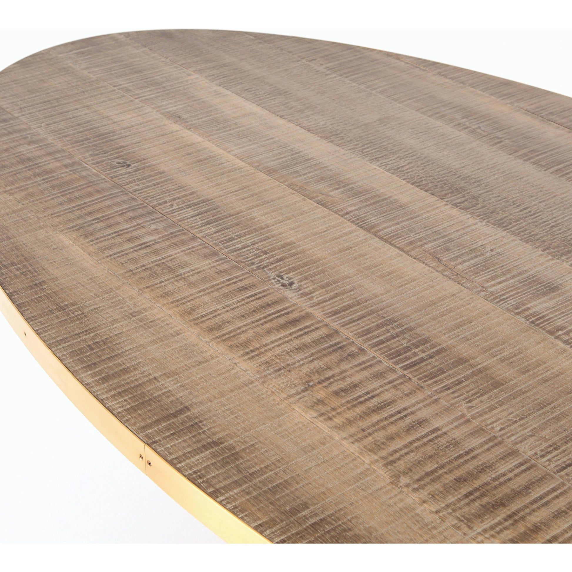 Evans Oval Dining Table by Four Hands in reclaimed burnt oak, vessel grey, polished brass. Made from solid reclaimed oak, iron, stainless steel in a modern style.