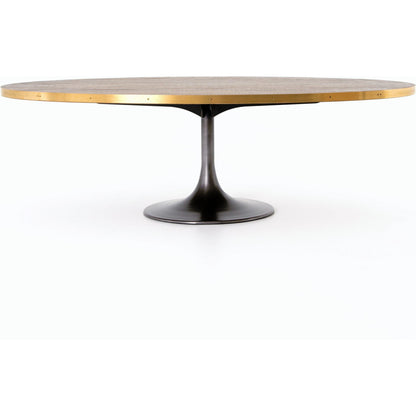 Evans Oval Dining Table by Four Hands in reclaimed burnt oak, vessel grey, polished brass. Made from solid reclaimed oak, iron, stainless steel in a modern style.