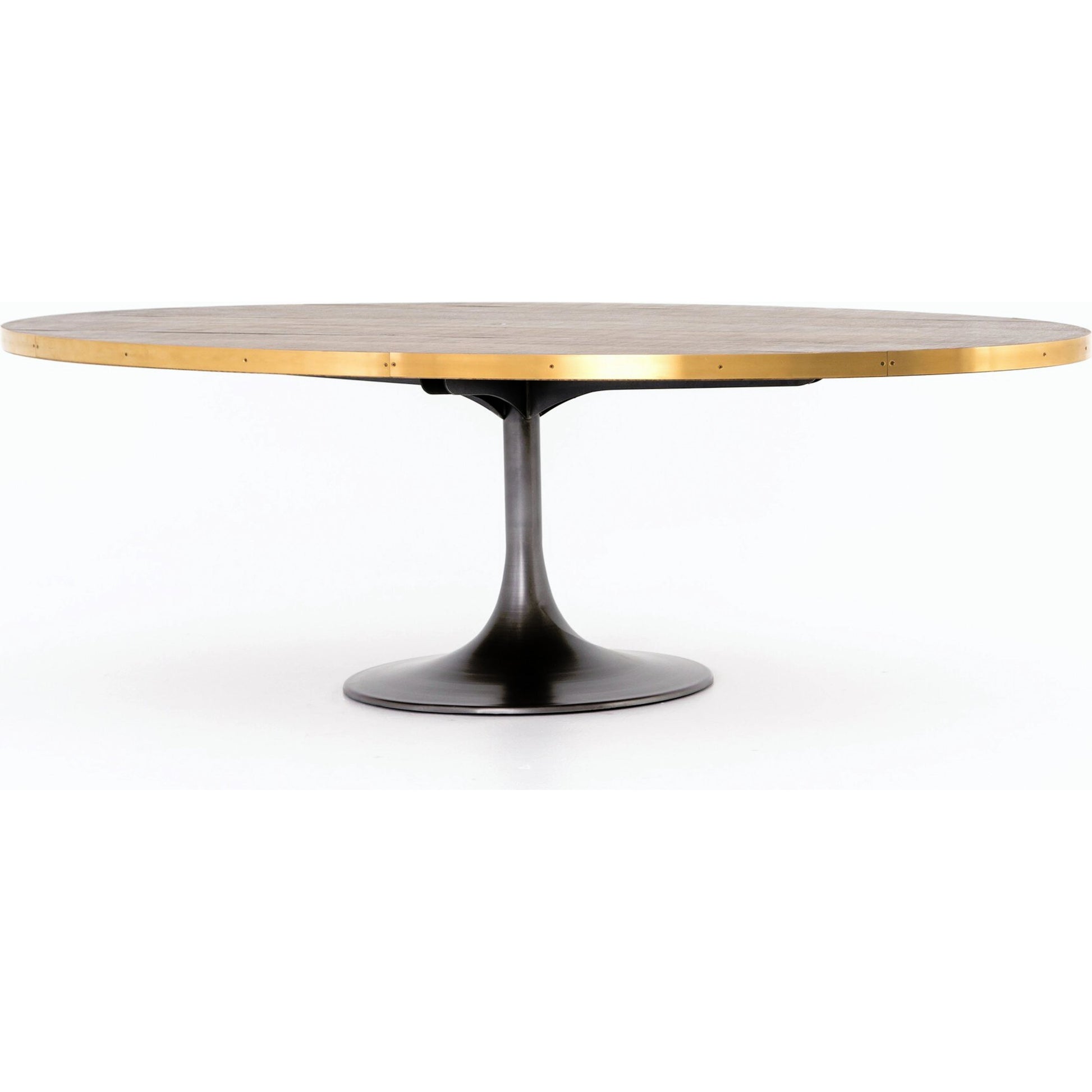 Evans Oval Dining Table by Four Hands in reclaimed burnt oak, vessel grey, polished brass. Made from solid reclaimed oak, iron, stainless steel in a modern style.