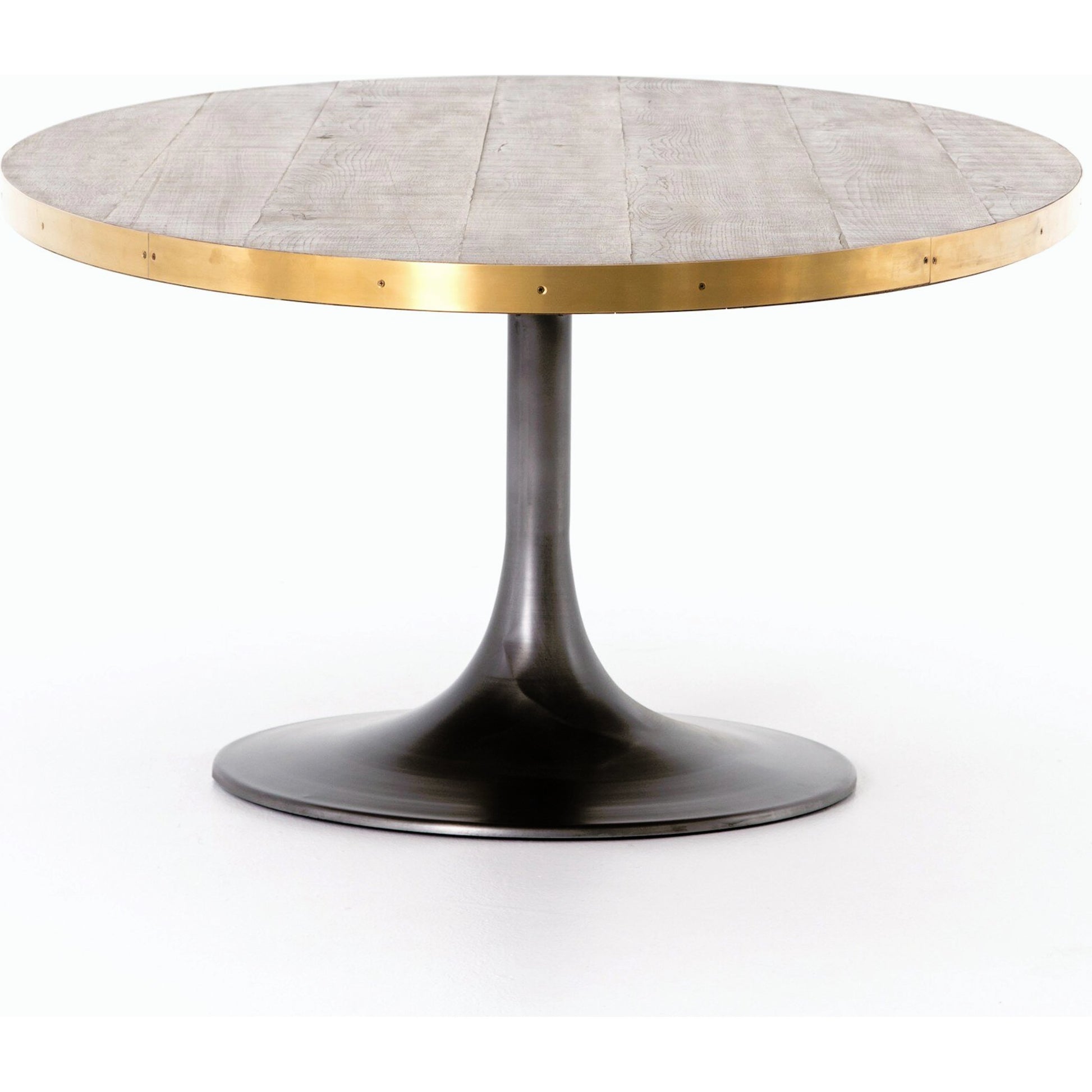 Evans Oval Dining Table by Four Hands in reclaimed burnt oak, vessel grey, polished brass. Made from solid reclaimed oak, iron, stainless steel in a modern style.