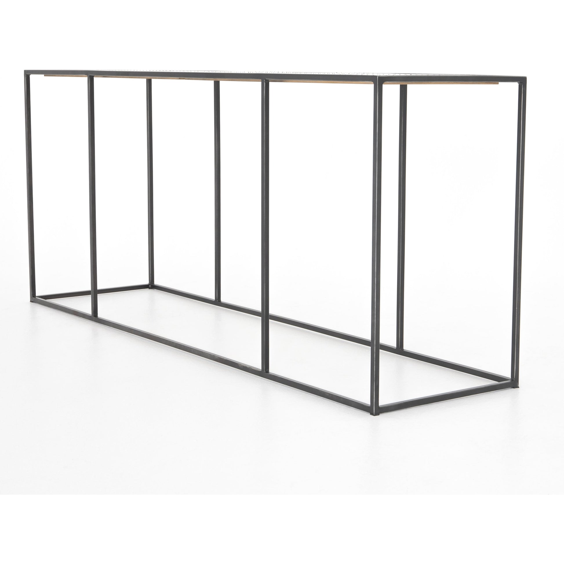 Phillip Console Table by Four Hands in bright brass clad, dark antique bronze and dark antique bronze, bright brass clad. Made from brass, iron, poplar plywood in a modern style.