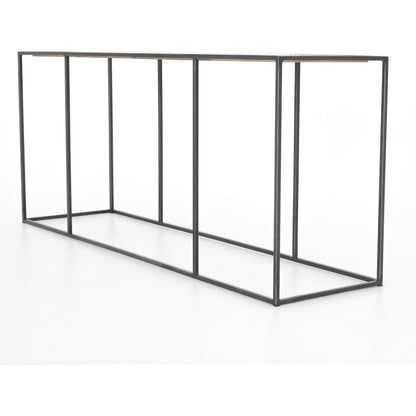 Phillip Console Table by Four Hands in bright brass clad, dark antique bronze and dark antique bronze, bright brass clad. Made from brass, iron, poplar plywood in a modern style.