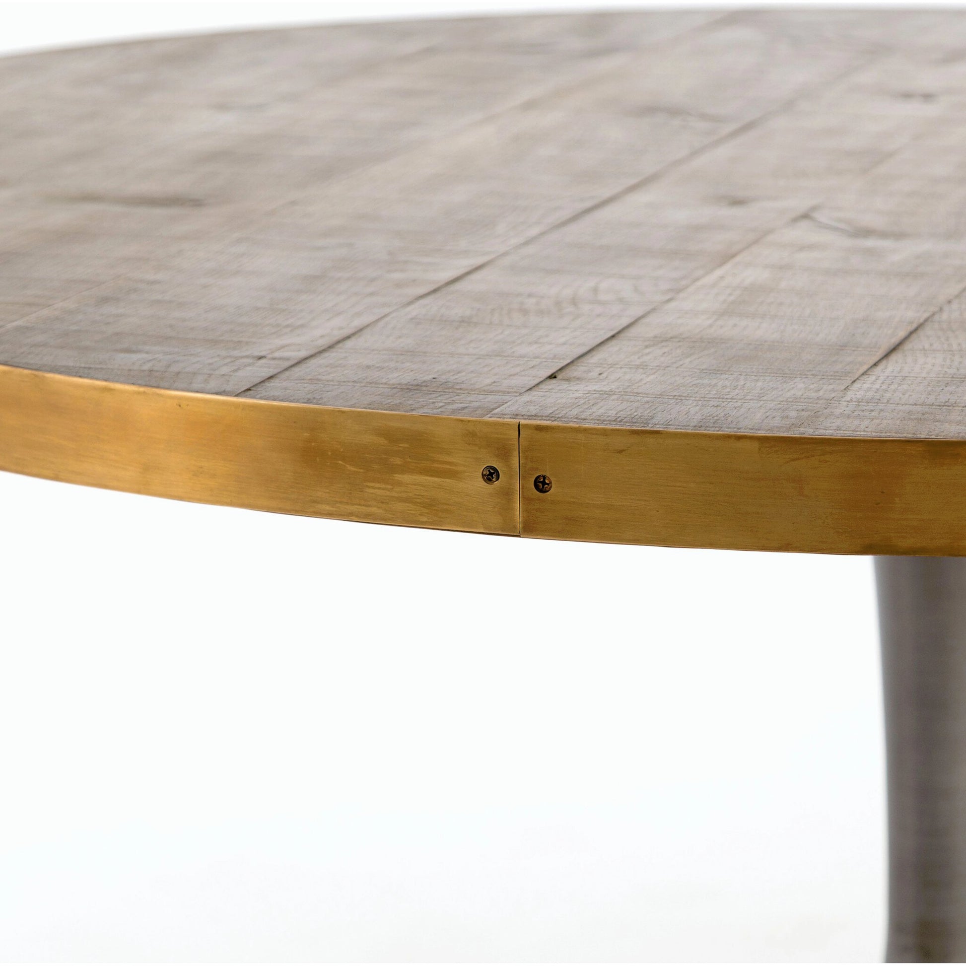 Evans Round Dining Table by Four Hands in reclaimed burnt oak, vessel grey, polished brass. Made from solid reclaimed oak, iron, stainless steel in a modern style.
