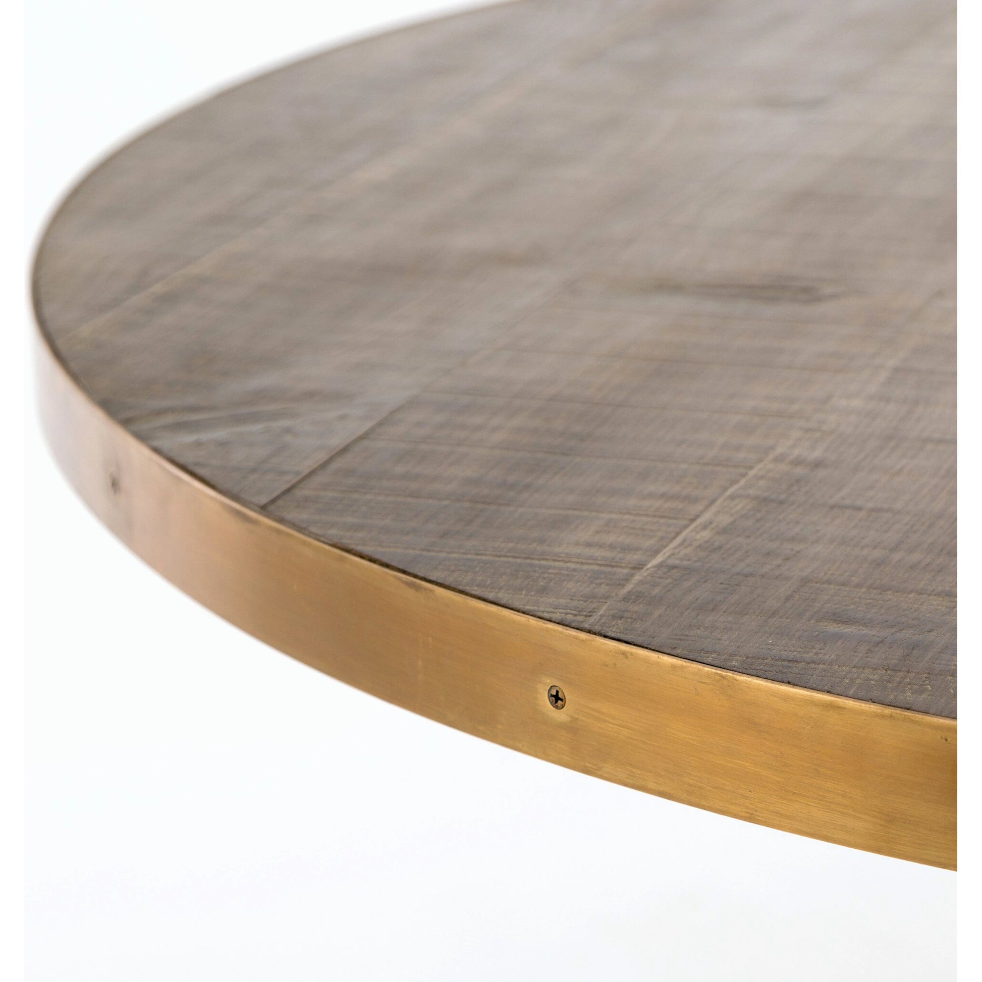 Evans Round Dining Table by Four Hands in reclaimed burnt oak, vessel grey, polished brass. Made from solid reclaimed oak, iron, stainless steel in a modern style.