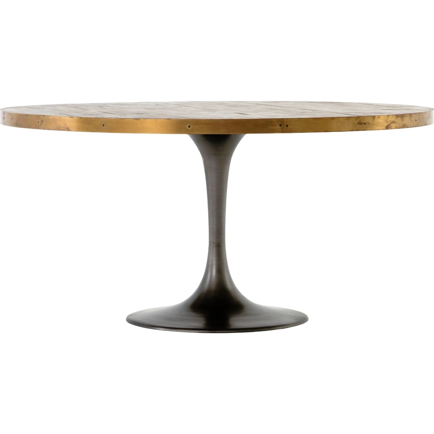 001 S-338899 | Primary Silo | Evans Round Dining Table by Four Hands in reclaimed burnt oak, vessel grey, polished brass. Made from solid reclaimed oak, iron, stainless steel in a modern style.