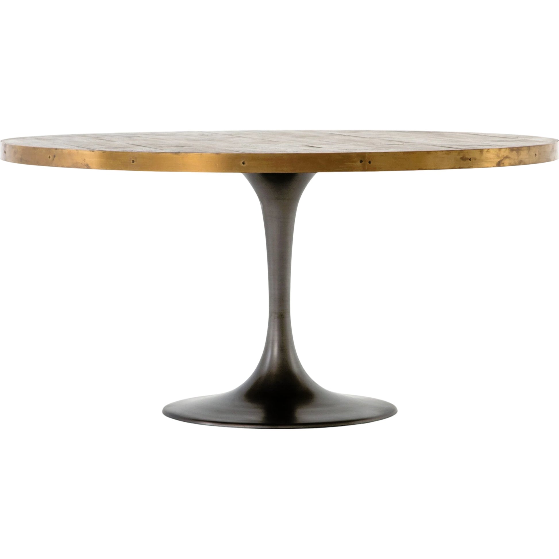 Evans Round Dining Table by Four Hands in reclaimed burnt oak, vessel grey, polished brass. Made from solid reclaimed oak, iron, stainless steel in a modern style.