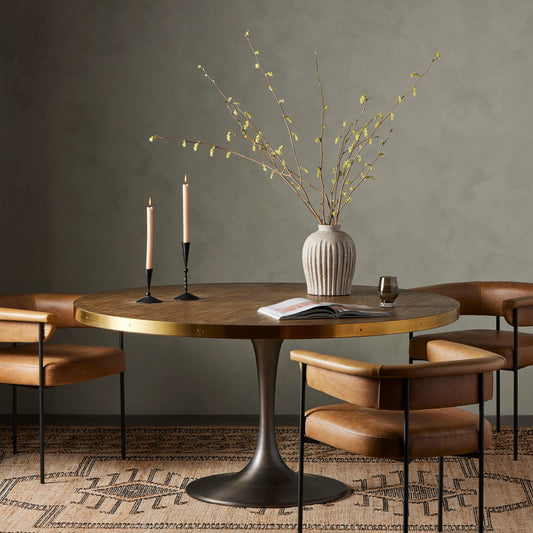 Evans Round Dining Table by Four Hands in reclaimed burnt oak, vessel grey, polished brass. Made from solid reclaimed oak, iron, stainless steel in a modern style.