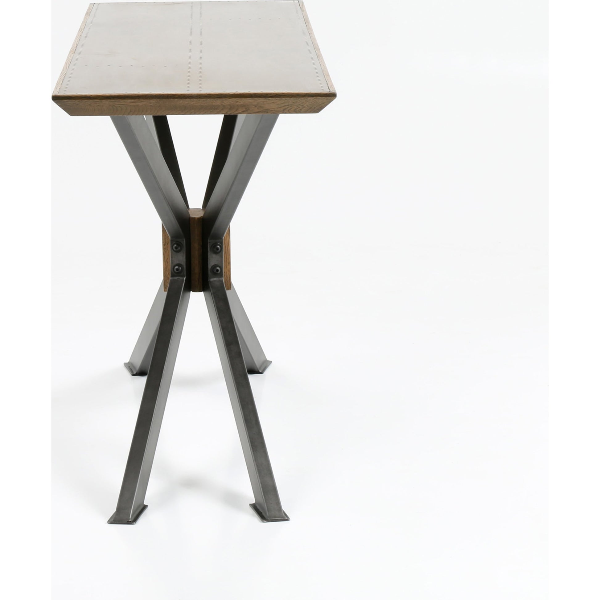 Spider Console Table by Four Hands in light rustic black, bright brass clad, sandy oak. Made from brass, iron, solid oak in a modern style.
