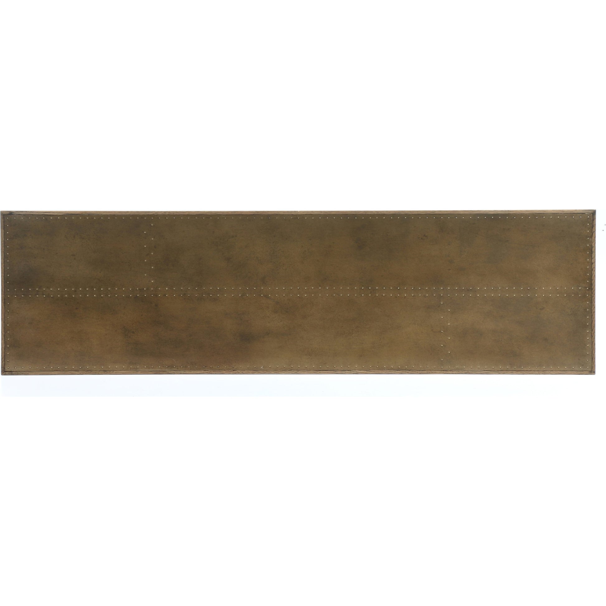 Spider Console Table by Four Hands in light rustic black, bright brass clad, sandy oak. Made from brass, iron, solid oak in a modern style.
