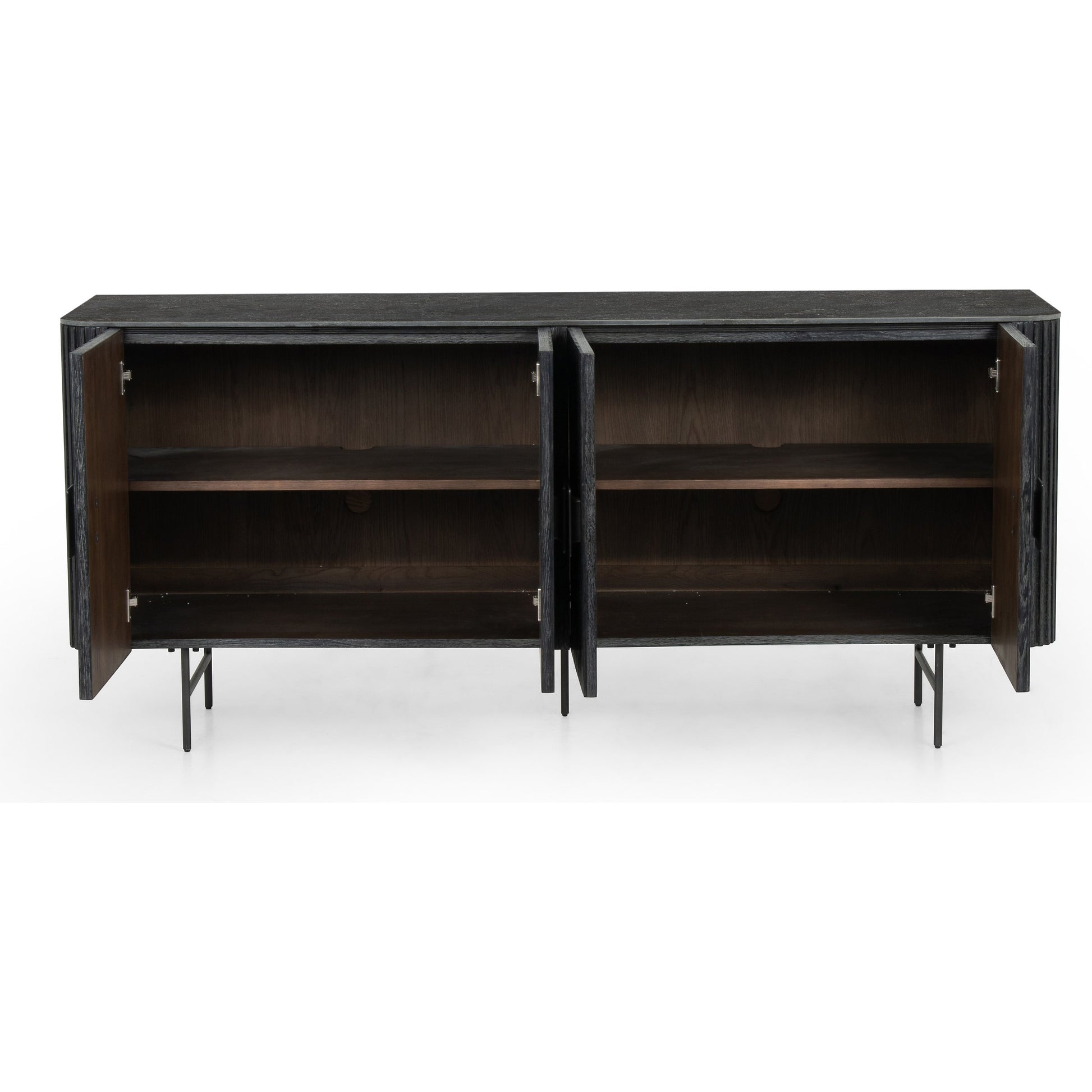 Laverne Sideboard by Four Hands in washed black, brushed gunmetal, bluestone and washed black, brushed gunmetal, blue stone. Made from iron, bluestone, solid oak in a eclectic & global style.