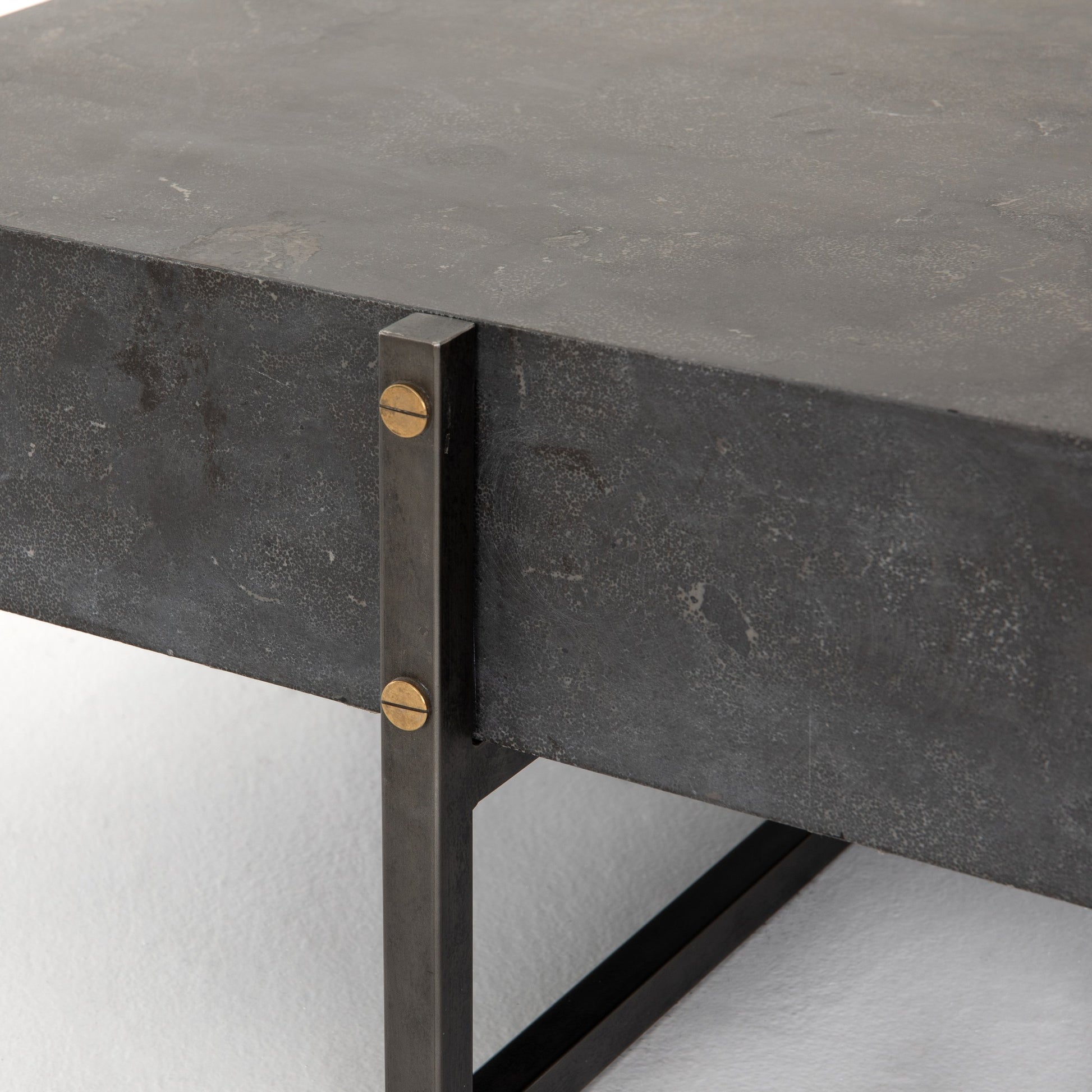 Keppler Square Coffee Table by Four Hands in light rustic black, bluestone and light rustic black, blue stone. Made from bluestone, iron, hd metal in a modern style.