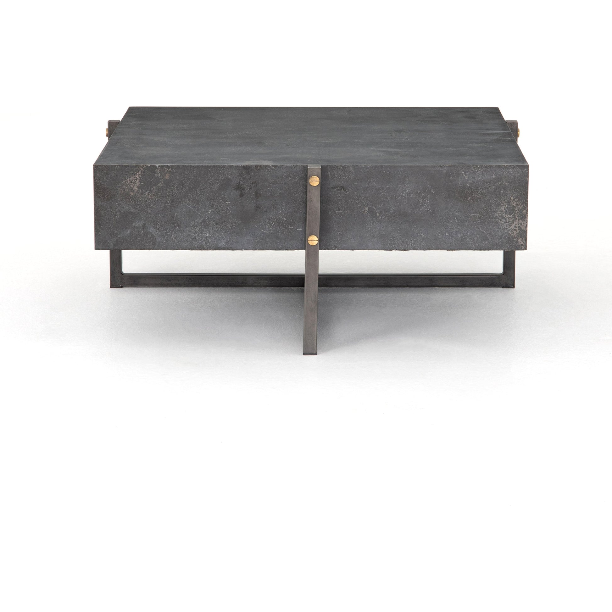 Keppler Square Coffee Table by Four Hands in light rustic black, bluestone and light rustic black, blue stone. Made from bluestone, iron, hd metal in a modern style.