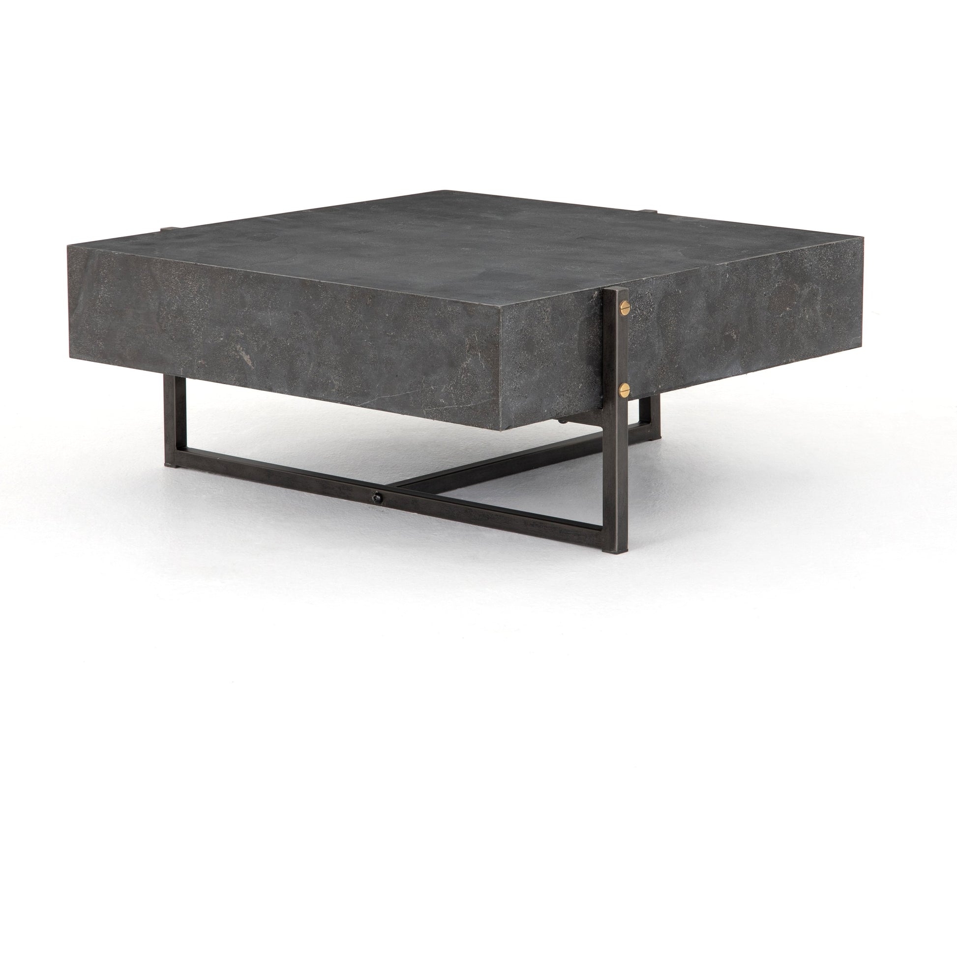 Keppler Square Coffee Table by Four Hands in light rustic black, bluestone and light rustic black, blue stone. Made from bluestone, iron, hd metal in a modern style.