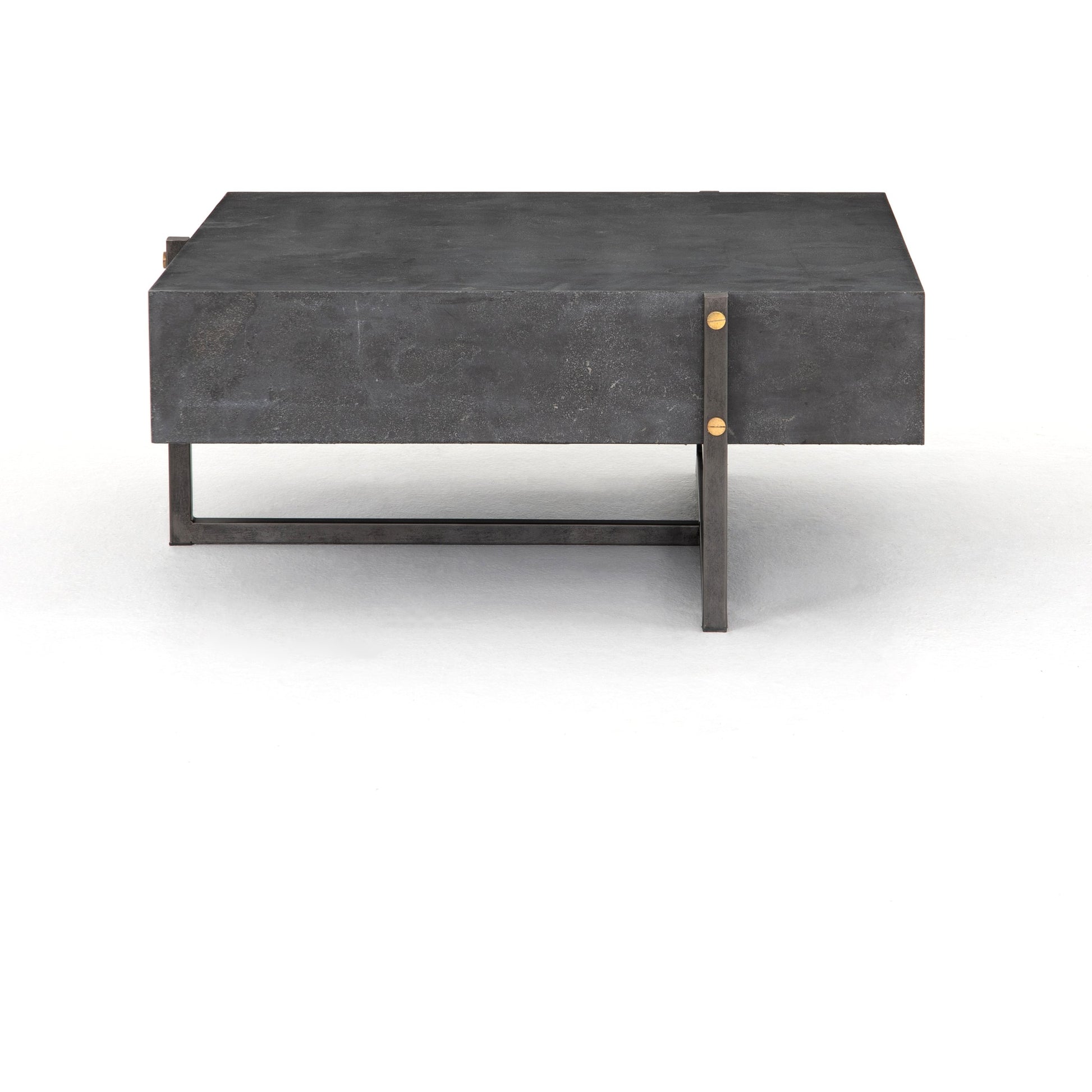 Keppler Square Coffee Table by Four Hands in light rustic black, bluestone and light rustic black, blue stone. Made from bluestone, iron, hd metal in a modern style.