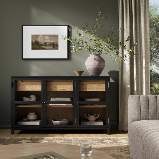 Millie Sideboard by Four Hands in matte black, drifted oak. Made from unique in a modern style.