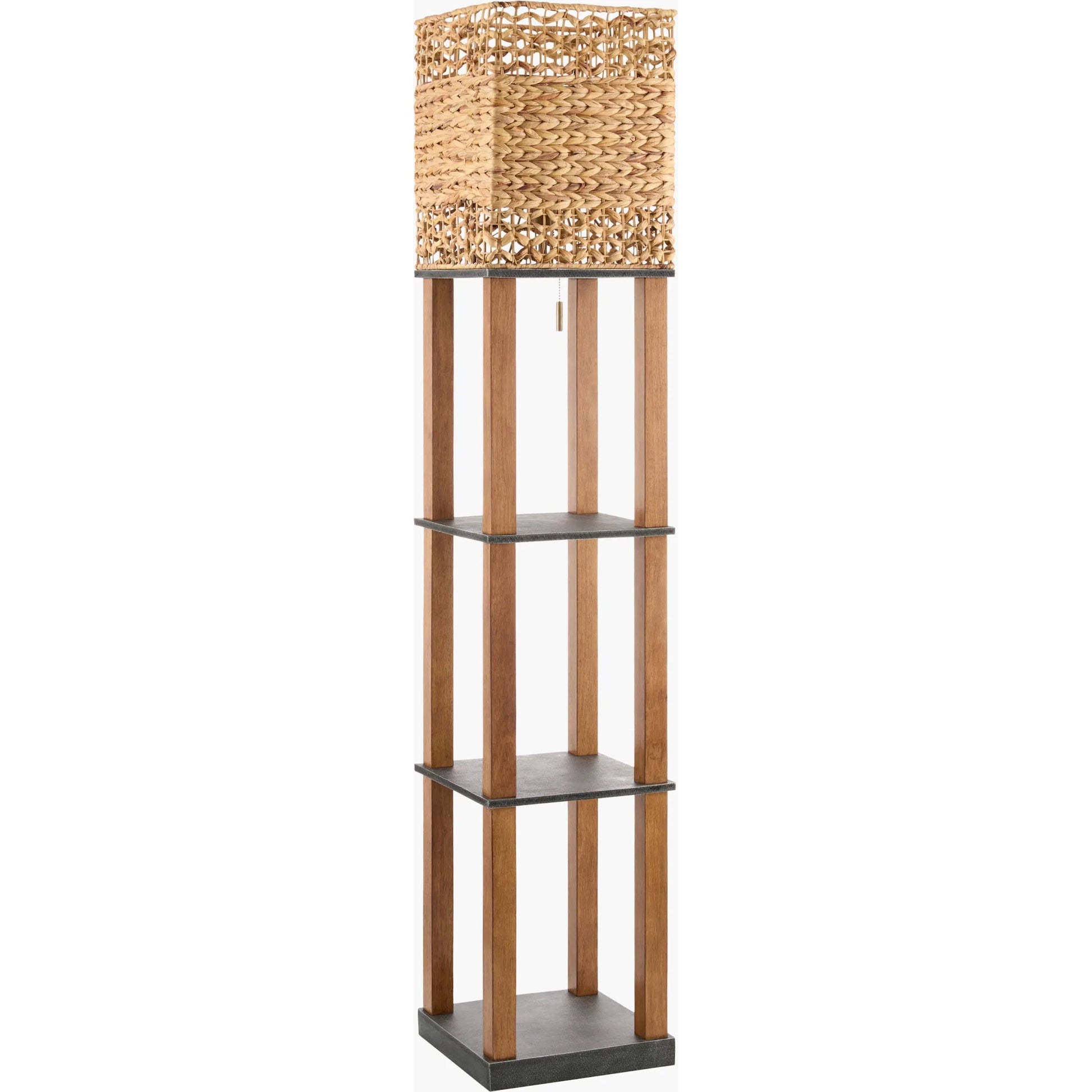 Civita Tray Table Floor Lamp by Livabliss in body: brown; shade: brown; cord: translucent and painted. Made from wood veneer, rattan in a rustic style.