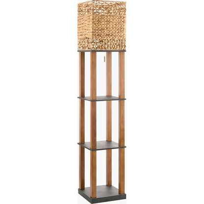 Civita Tray Table Floor Lamp by Livabliss in body: brown; shade: brown; cord: translucent and painted. Made from wood veneer, rattan in a rustic style.