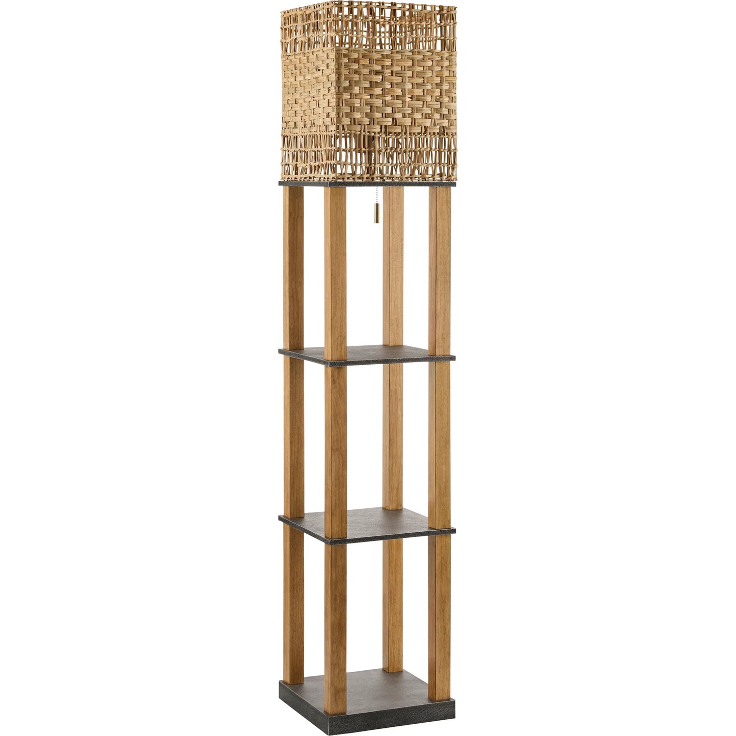 001 SI-2258478 | Primary Silo | Civita Tray Table Floor Lamp by Livabliss in body: brown; shade: brown; cord: translucent and painted. Made from wood veneer, rattan in a rustic style.