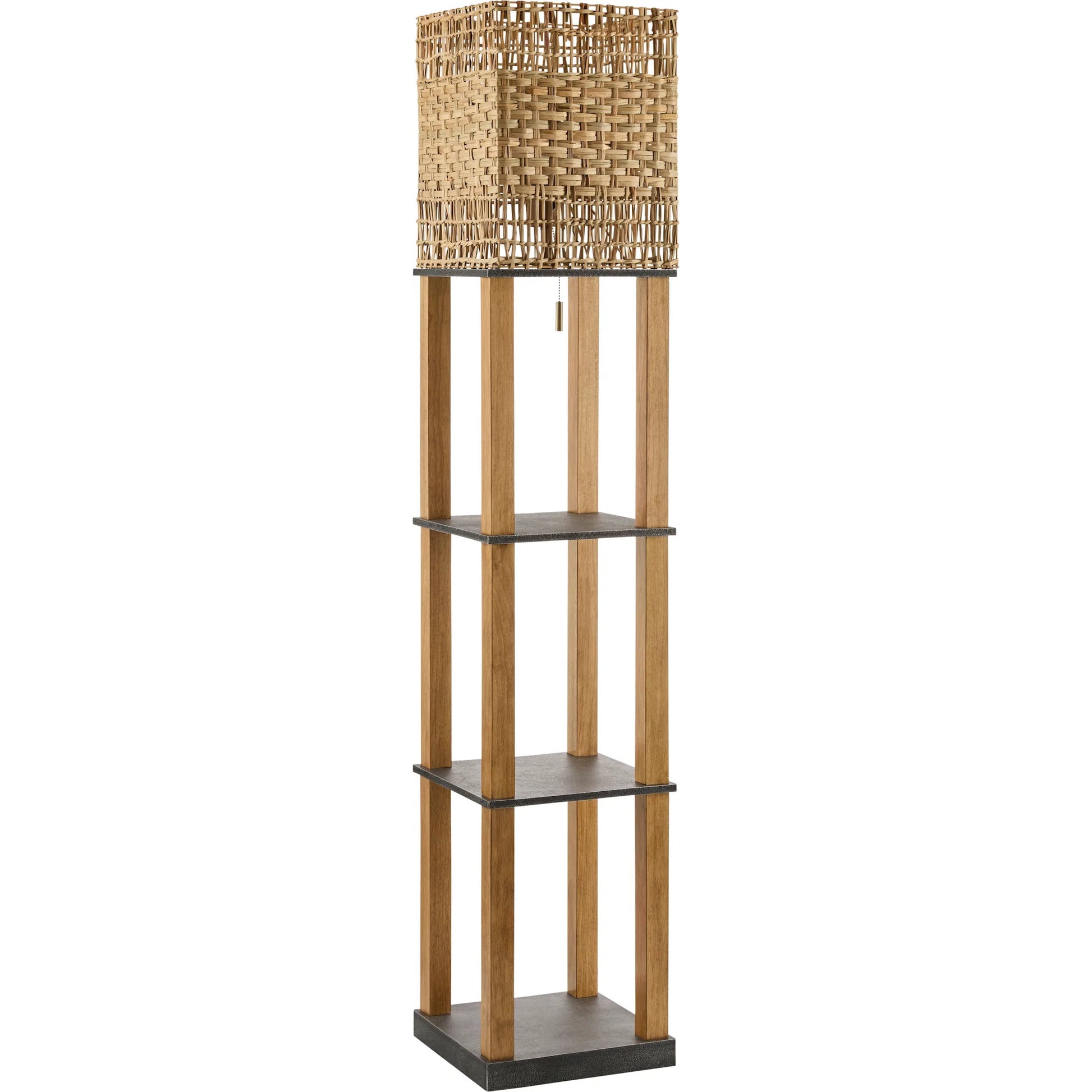 Civita Tray Table Floor Lamp by Livabliss in body: brown; shade: brown; cord: translucent and painted. Made from wood veneer, rattan in a rustic style.