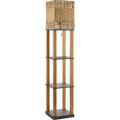 Civita Tray Table Floor Lamp by Livabliss in body: brown; shade: brown; cord: translucent and painted. Made from wood veneer, rattan in a rustic style.