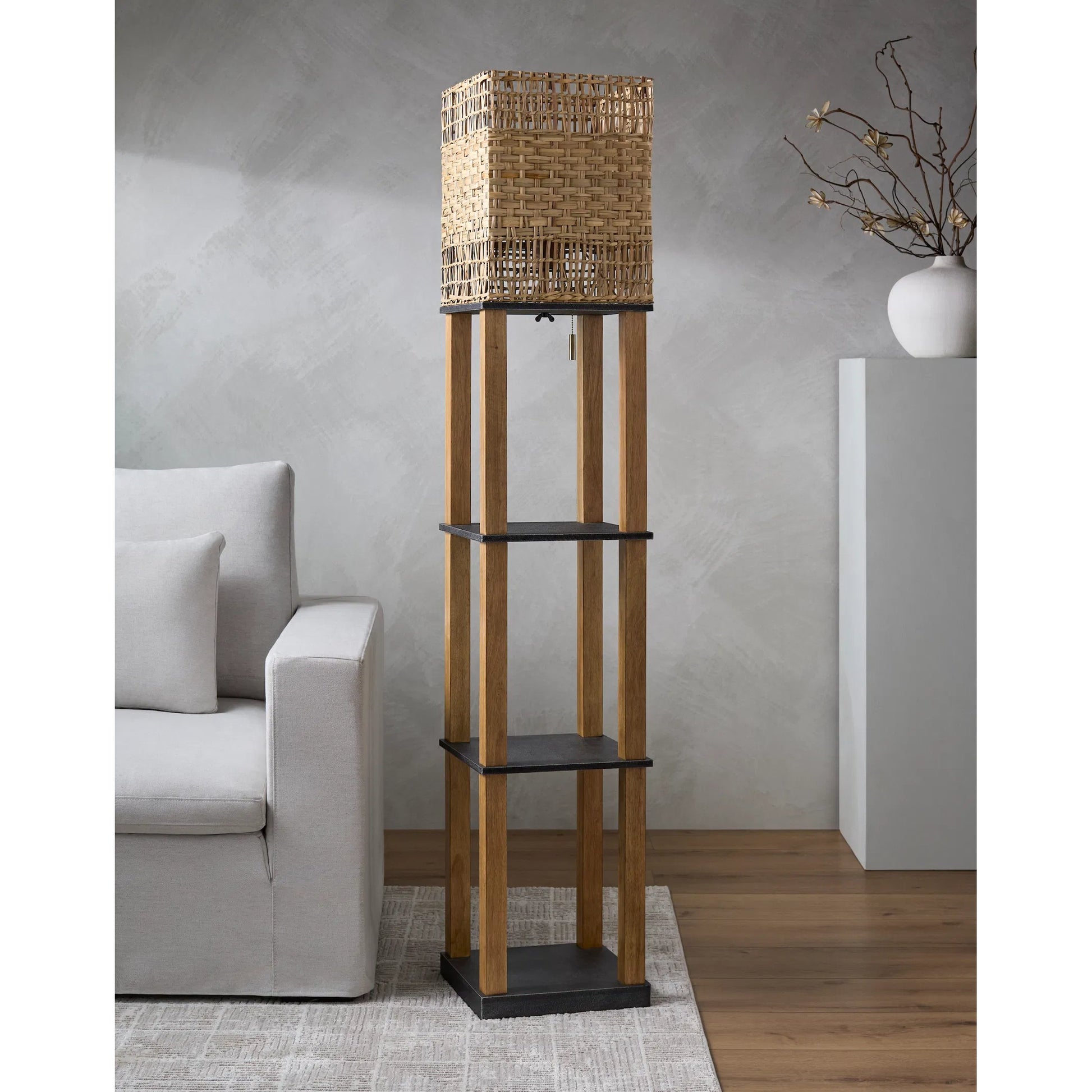 Civita Tray Table Floor Lamp by Livabliss in body: brown; shade: brown; cord: translucent and painted. Made from wood veneer, rattan in a rustic style.