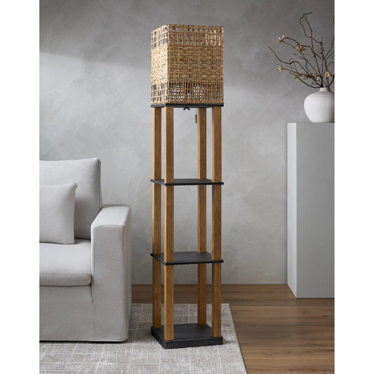 Civita Tray Table Floor Lamp by Livabliss in body: brown; shade: brown; cord: translucent and painted. Made from wood veneer, rattan in a unique style.