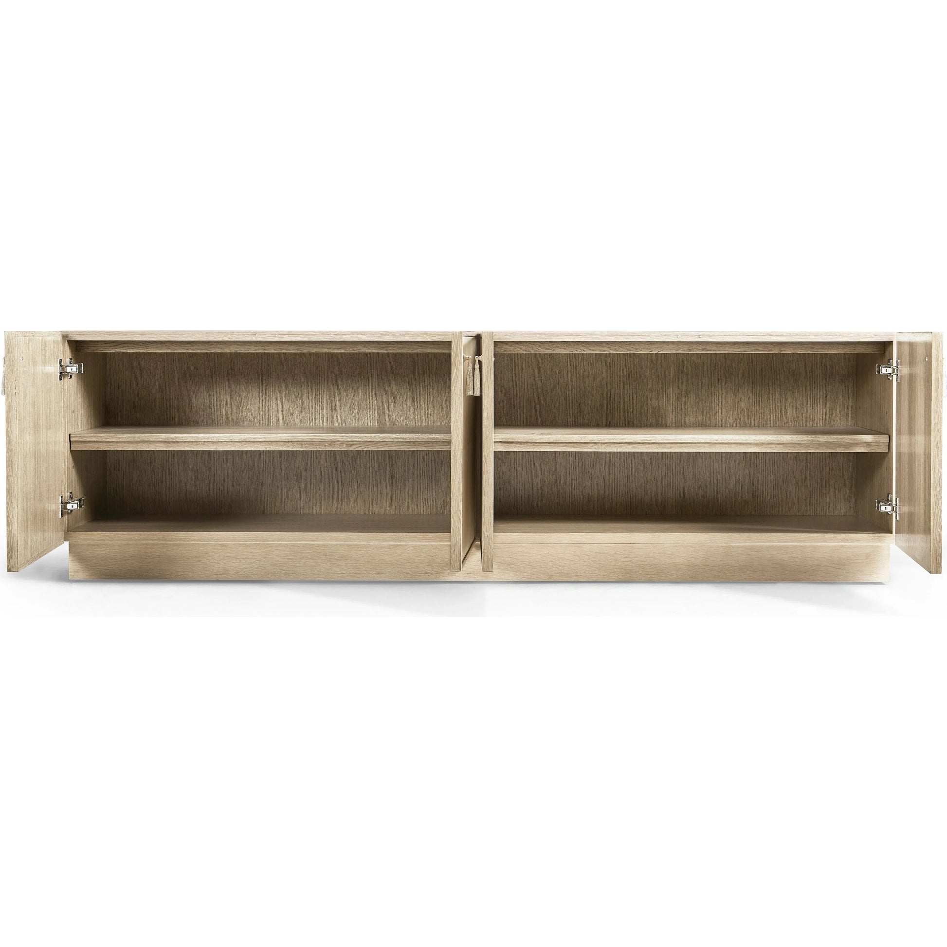 Hydra Entertainment Console by Jonathan Charles in parchment oak. Made from oak, oak veneer, brass, vellum in a transitional style.