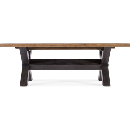 Big Sky Trestle Dining Table by Hooker Furniture in vintage natural, charred timber. Made from pecky hickory veneers, solid-wood edged top in a modern style.