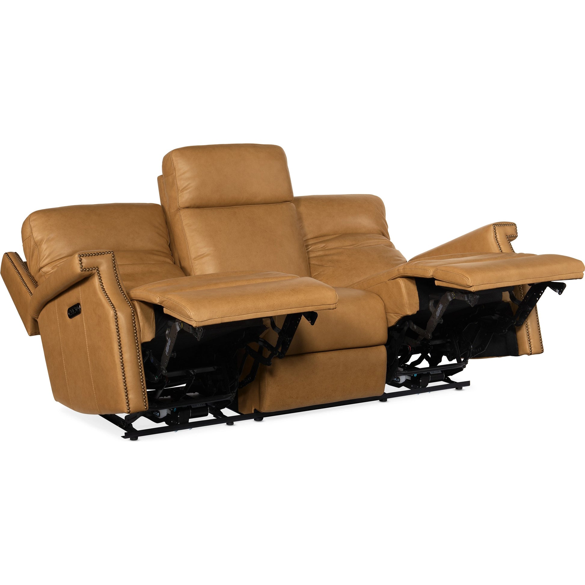 Vaughn Zero Gravity Sofa by Hooker Furniture in shattered stone. Made from leather in a traditional style.