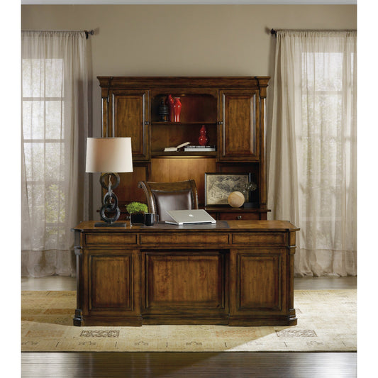 Tynecastle Executive Desk by Hooker Furniture in chestnut. Made from alder veneers, high quality bonded leather in a unique style.