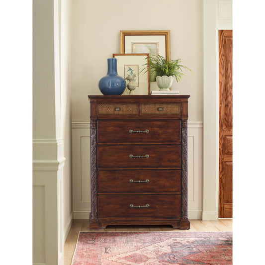 Charleston Six-Drawer Chest by Hooker Furniture in maraschino cherry. Made from cherry veneers, cane, felt, resin, solid-wood edge top in a traditional style.