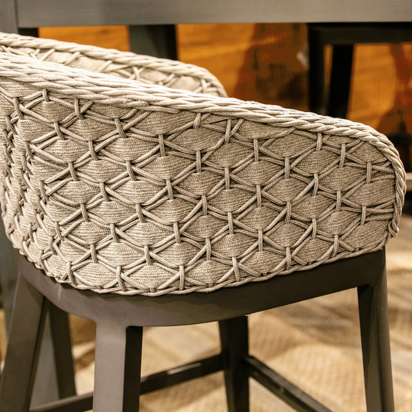007 SI-2167085,SI-2167086,SI-2167087 | Closeup | Marbella Outdoor Barstool by Sunset West in graphite. Made from olefin rope in a modern style.