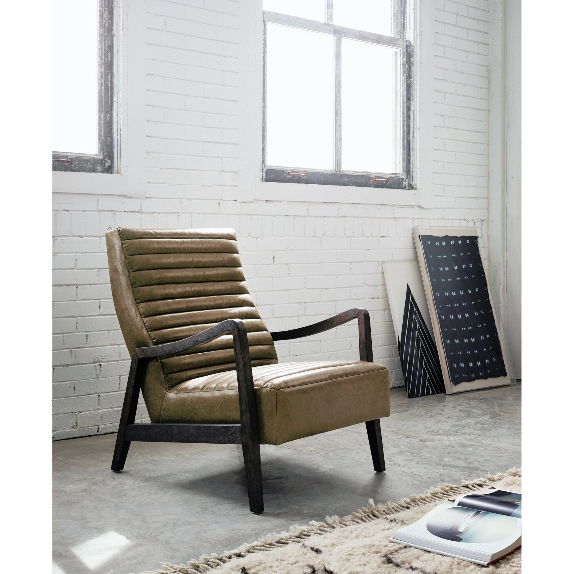 Chance Chair by Four Hands in dakota warm taupe, rubbed sienna brown. Made from top grain leather, solid parawood, 100% polyester in a modern style.