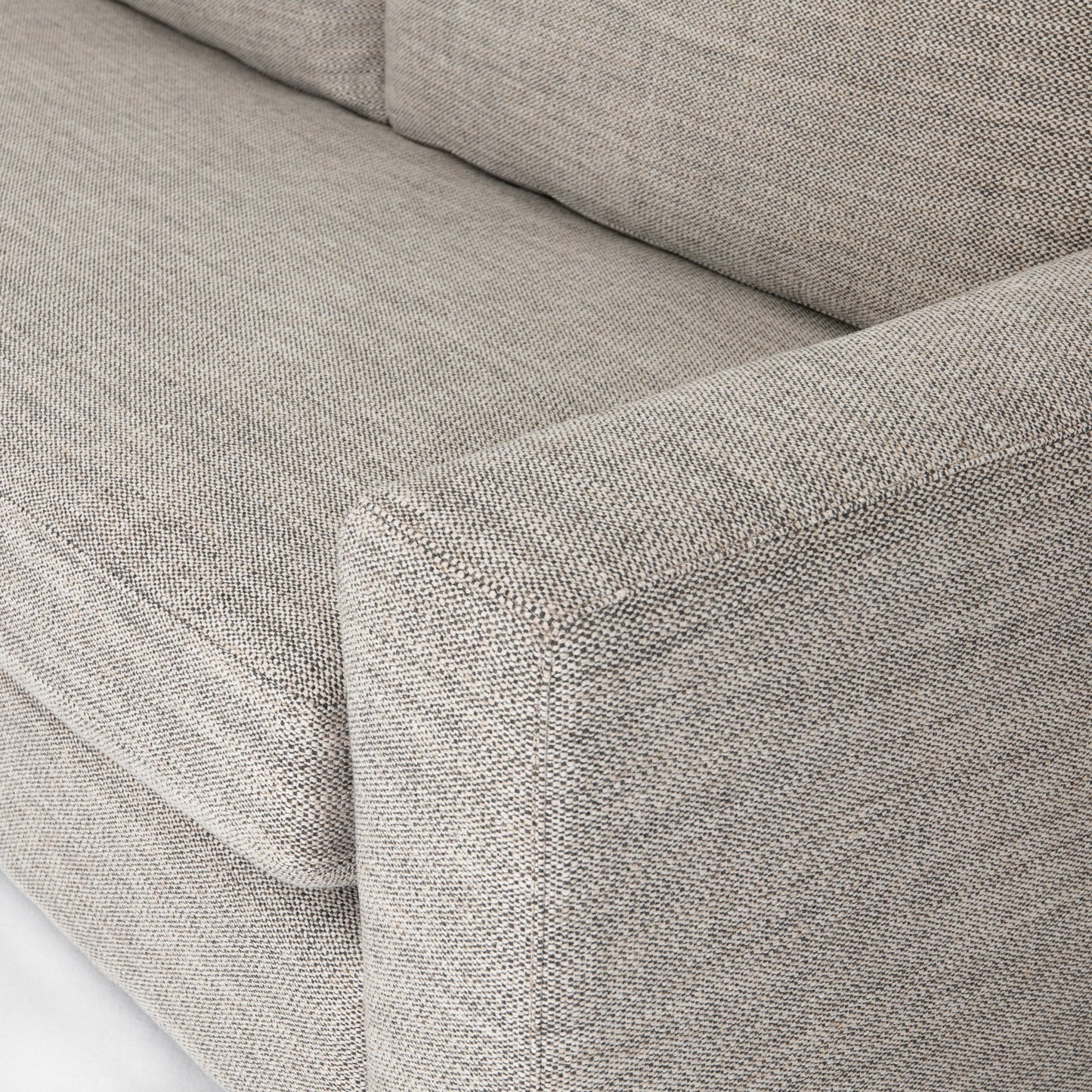 006 SI-1714543 | Closeup | Boone Sofa by Four Hands in washed espresso. Made from 66% polyester, 19% acrylic, 15% flax, linen, solid parawood, 100% polyester in a modern style.