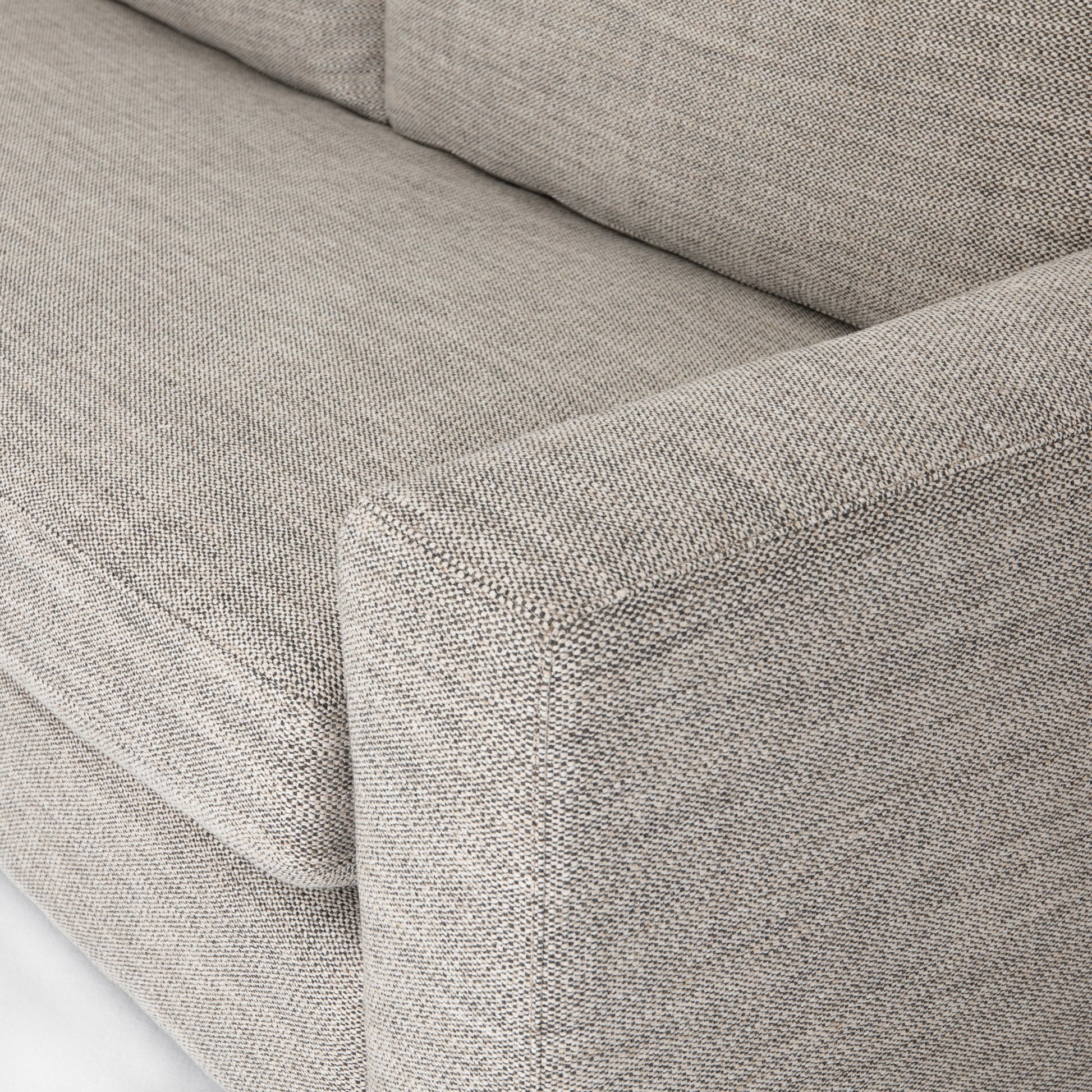 Boone Sofa by Four Hands in washed espresso. Made from 66% polyester, 19% acrylic, 15% flax, linen, solid parawood, 100% polyester in a modern style.