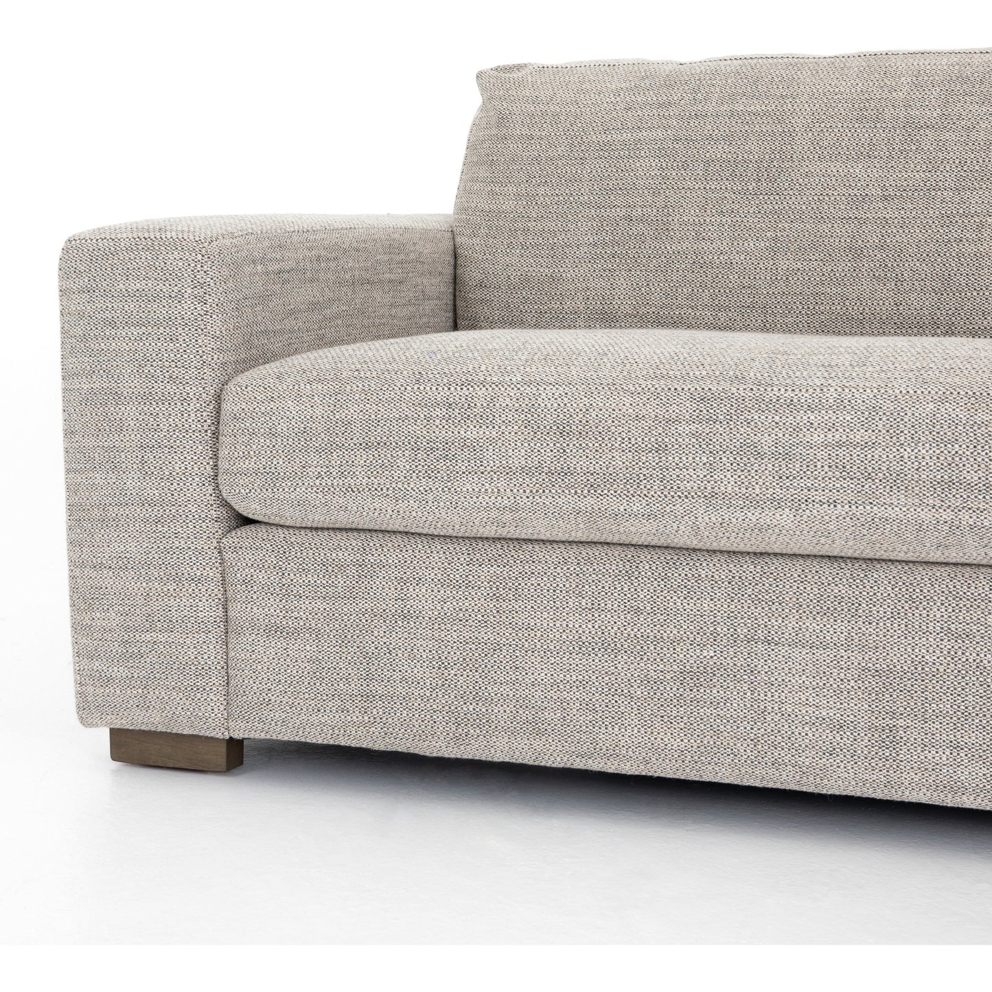 009 SI-1714543 | Closeup | Boone Sofa by Four Hands in washed espresso. Made from 66% polyester, 19% acrylic, 15% flax, linen, solid parawood, 100% polyester in a modern style.
