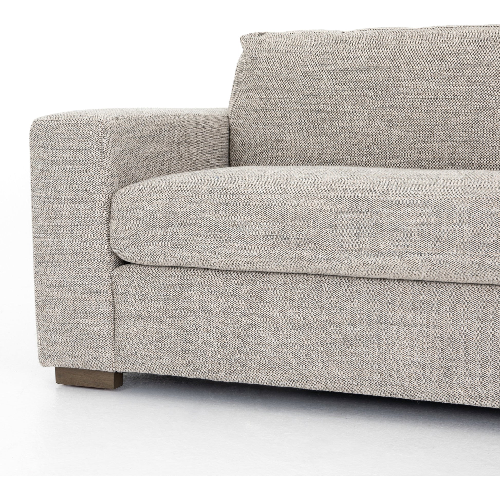 Boone Sofa by Four Hands in washed espresso. Made from 66% polyester, 19% acrylic, 15% flax, linen, solid parawood, 100% polyester in a modern style.