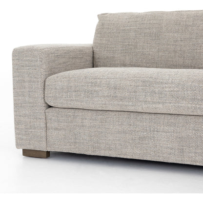 Boone Sofa by Four Hands in washed espresso. Made from 66% polyester, 19% acrylic, 15% flax, linen, solid parawood, 100% polyester in a modern style.