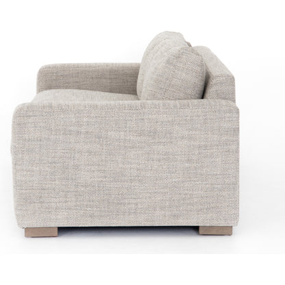 Boone Sofa by Four Hands in washed espresso. Made from 66% polyester, 19% acrylic, 15% flax, linen, solid parawood, 100% polyester in a modern style.