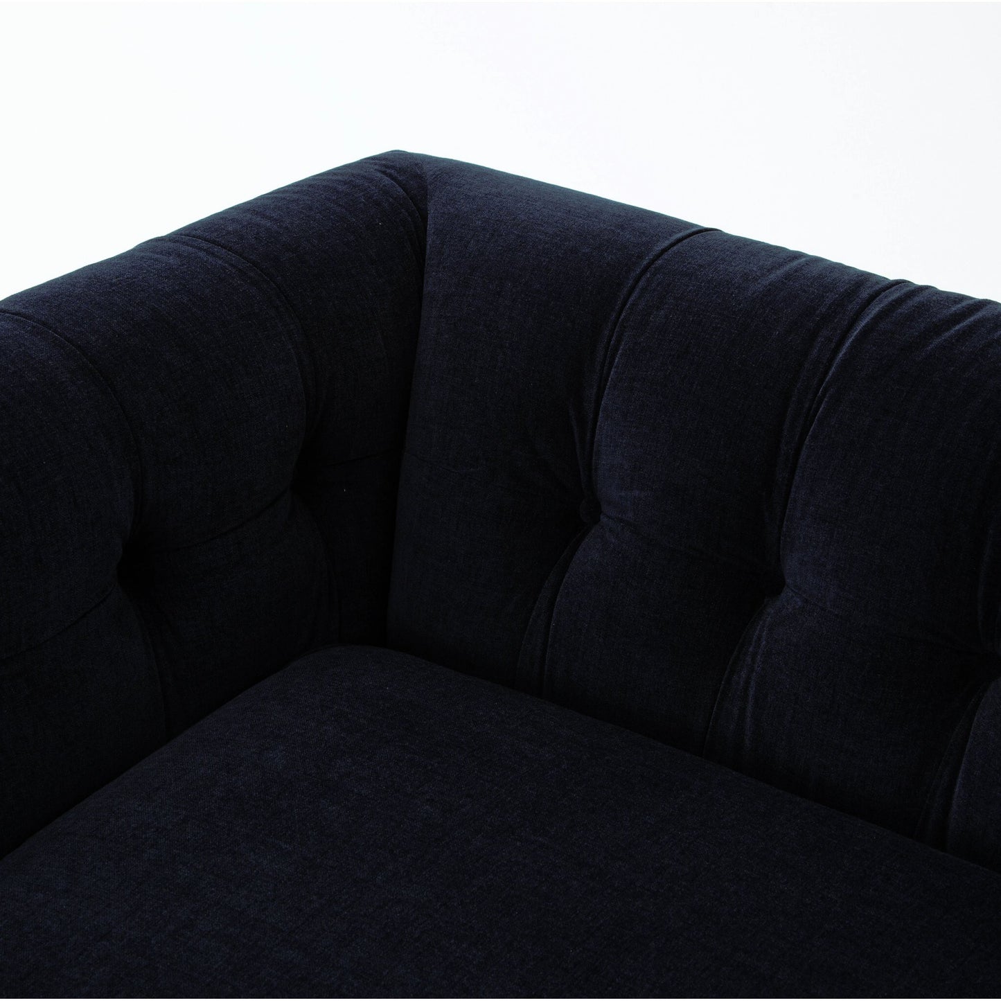 010 S-258325 | Closeup | Griffon Sofa by Four Hands in plush navy and plush navy, antique walnut. Made from 100% polyester, solid parawood in a modern style.
