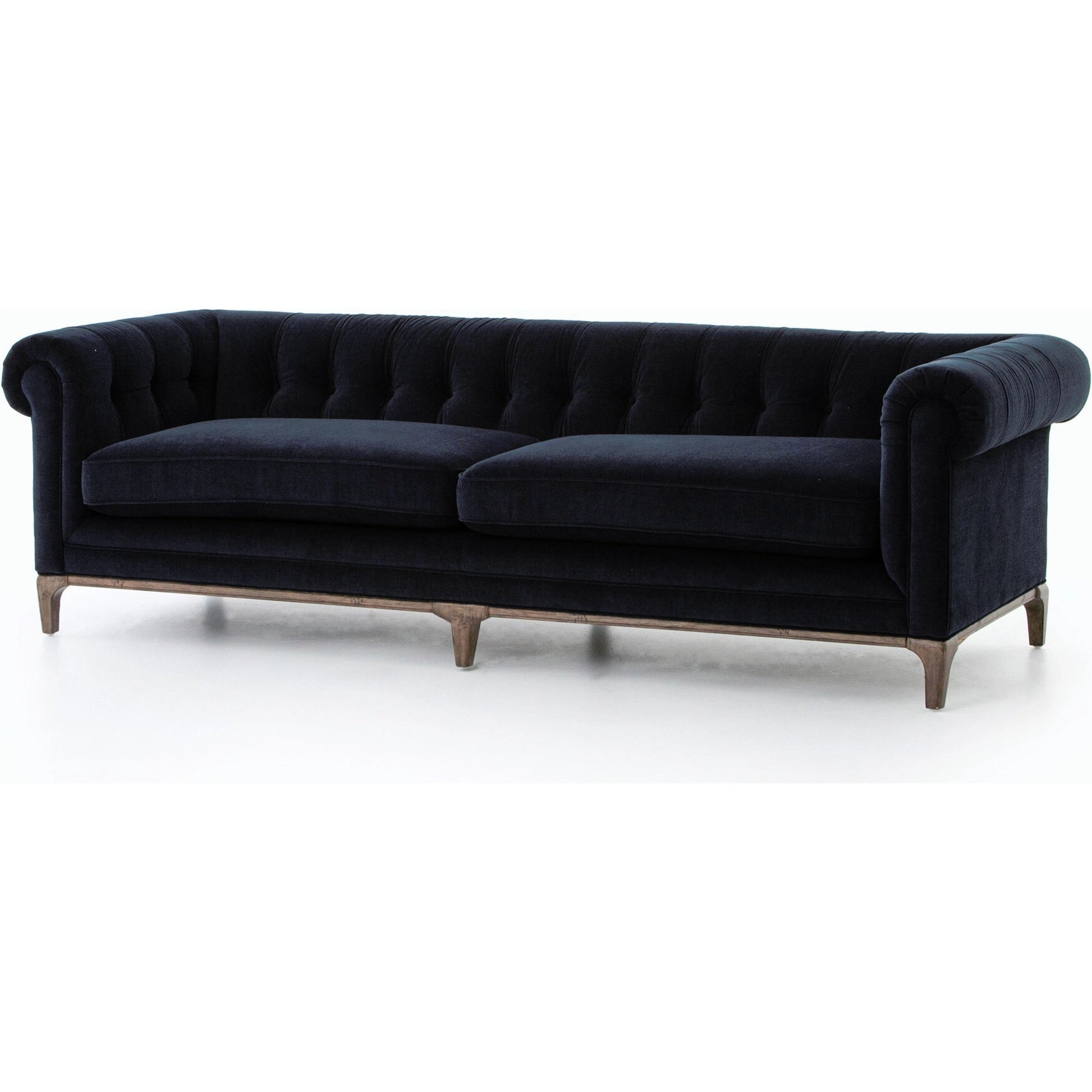 Griffon Sofa by Four Hands in plush navy and plush navy, antique walnut. Made from 100% polyester, solid parawood in a modern style.