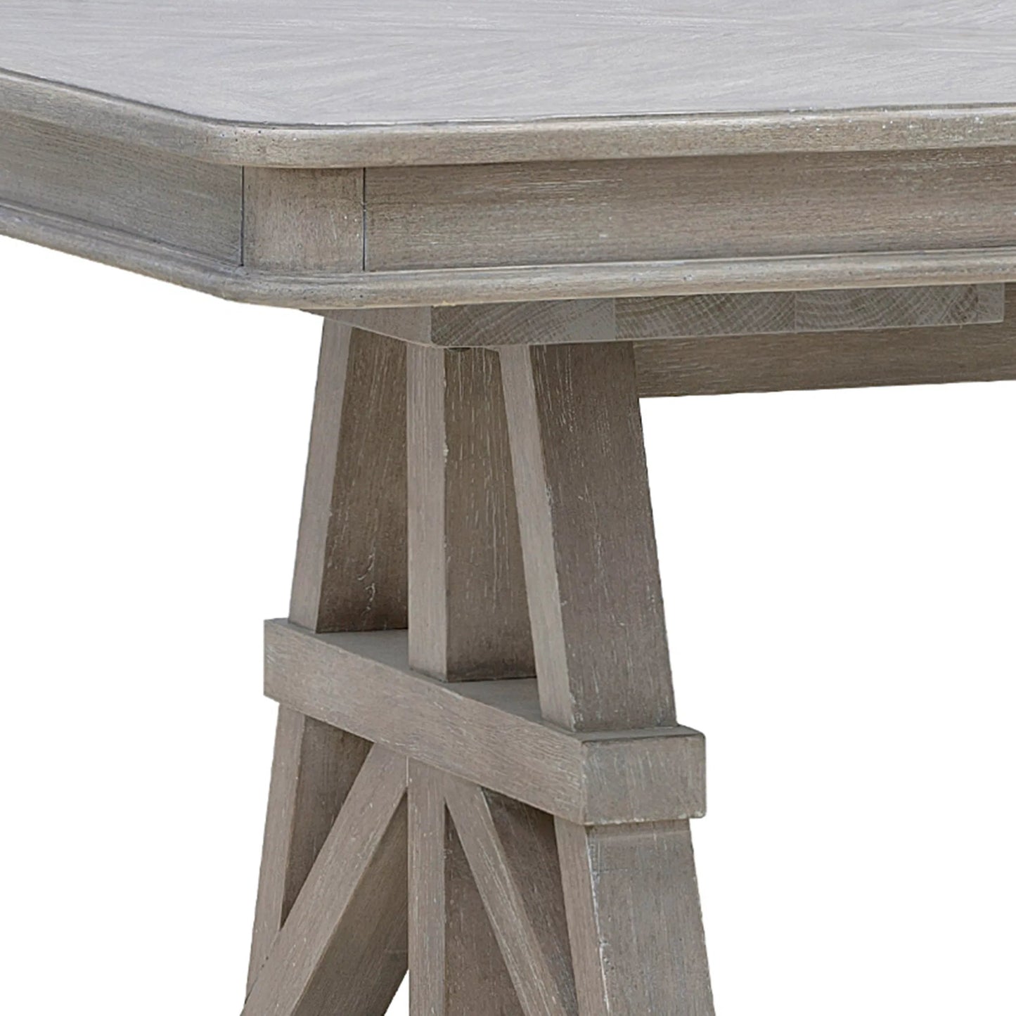 006 SI-2332648 | Closeup | Abbotts Glen Trestle Dining Table by Pulaski Furniture in windmill grey. Made from split heart cathedral oak in a transitional style.