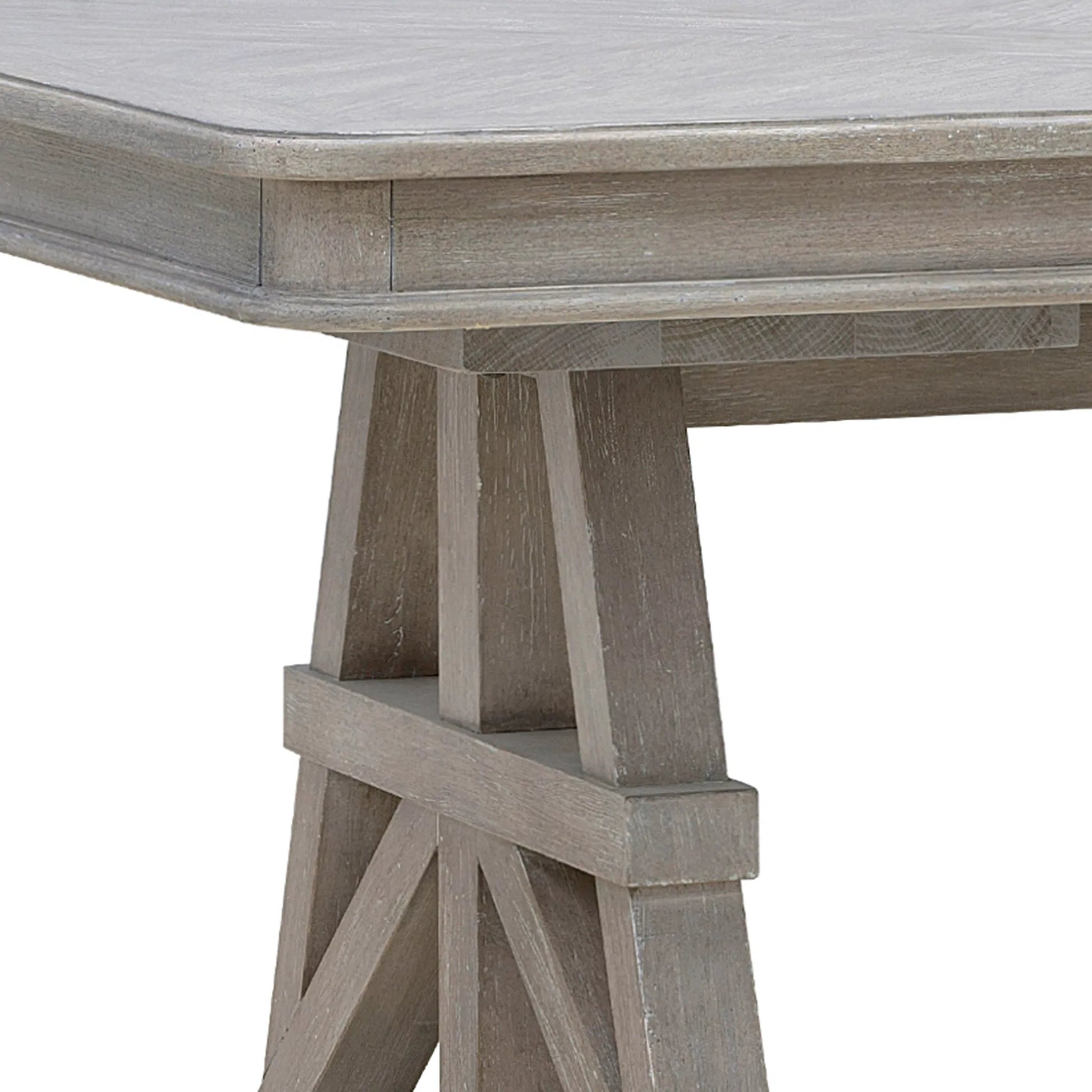 Abbotts Glen Trestle Dining Table by Pulaski Furniture in windmill grey. Made from split heart cathedral oak in a transitional style.