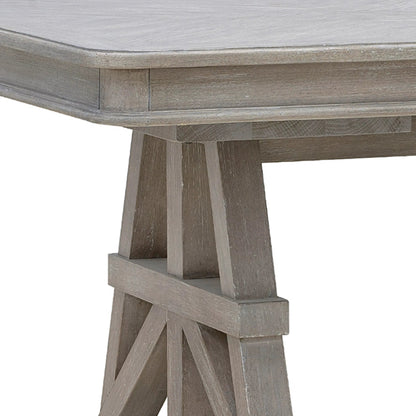 Abbotts Glen Trestle Dining Table by Pulaski Furniture in windmill grey. Made from split heart cathedral oak in a transitional style.