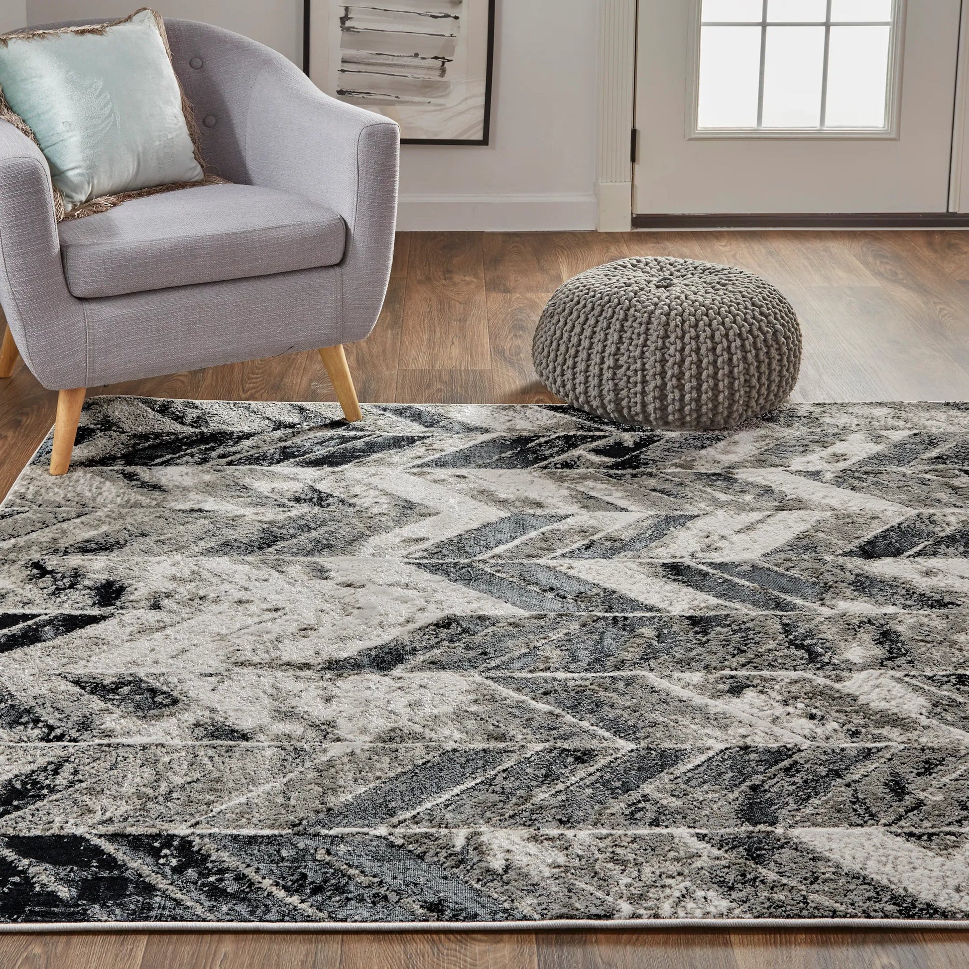 Micah Chevron Rug - 3048F by Feizy in black, gray, silver. Made from polyester, polypropylene in a unique style.