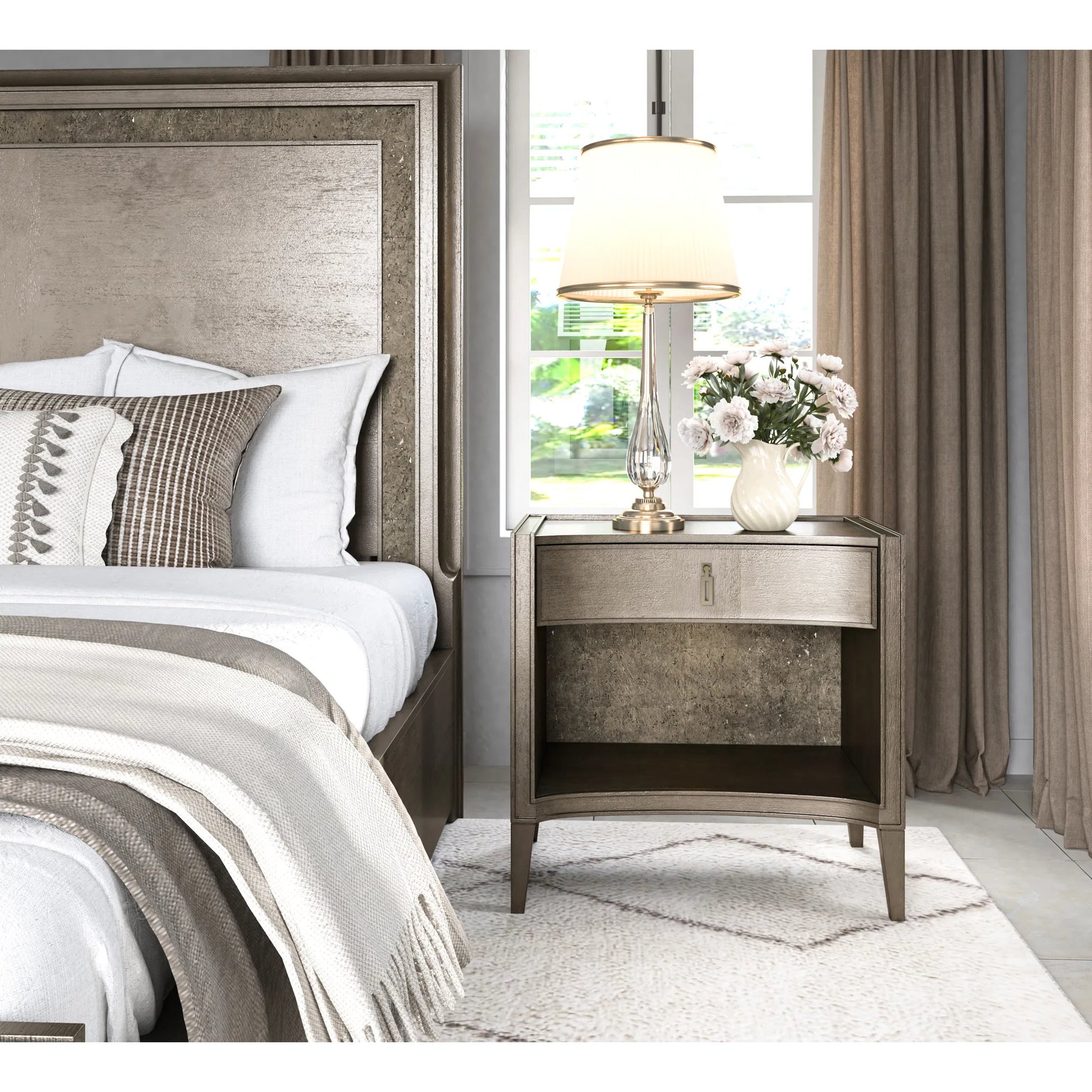 Cove Open Nightstand by A.R.T. Furniture in grey and mica. Made from rubberwood solids, primavera veneers, cork, metal in a traditional style.