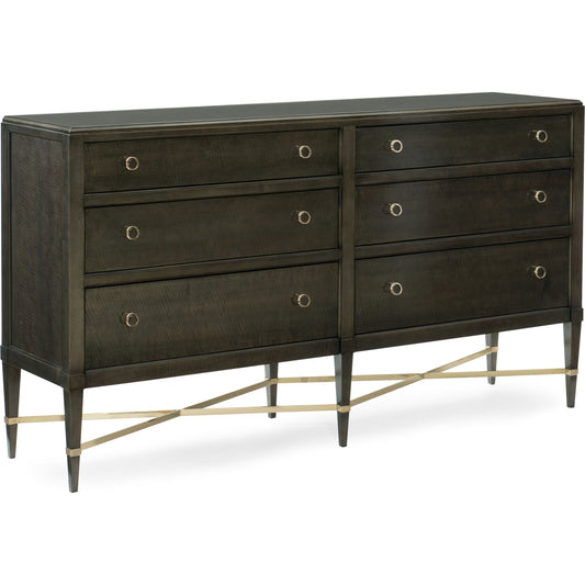 Masterpiece Dresser by Caracole in charcoal and charcoal anegre, whisper of gold, seal skin. Made from birch, figured anegre in a transitional style.
